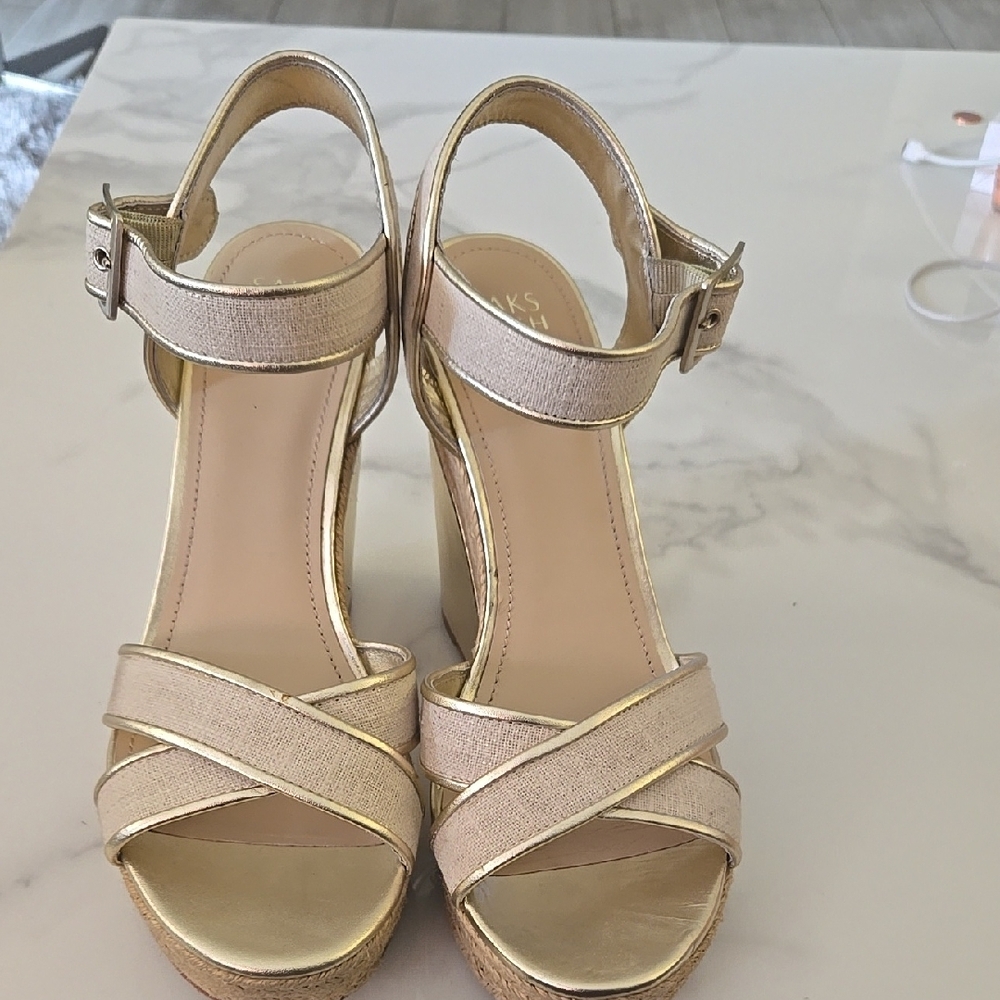 Saks Fift Avenue - Gold Strappy Wedge Sandals